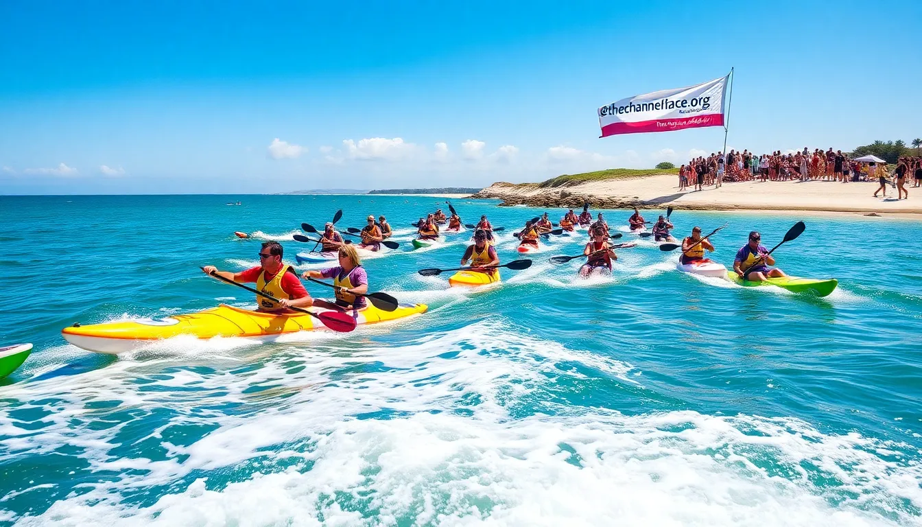 Water sports race with diverse participants and coastal background.