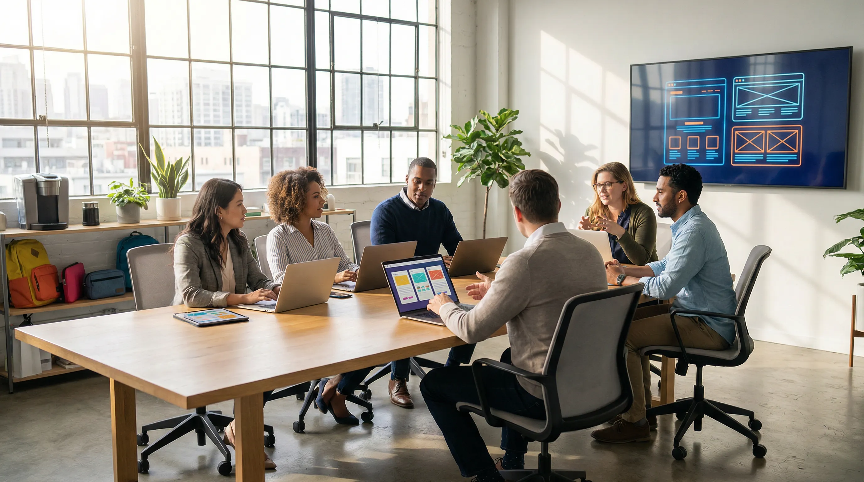 Professional web developers collaborating around a table in a bright, modern studio with laptops, screens, and interface designs visible.