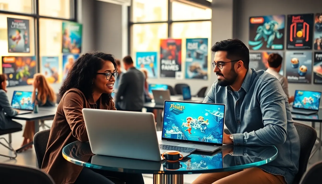 diverse team collaborating in a modern gaming development office.