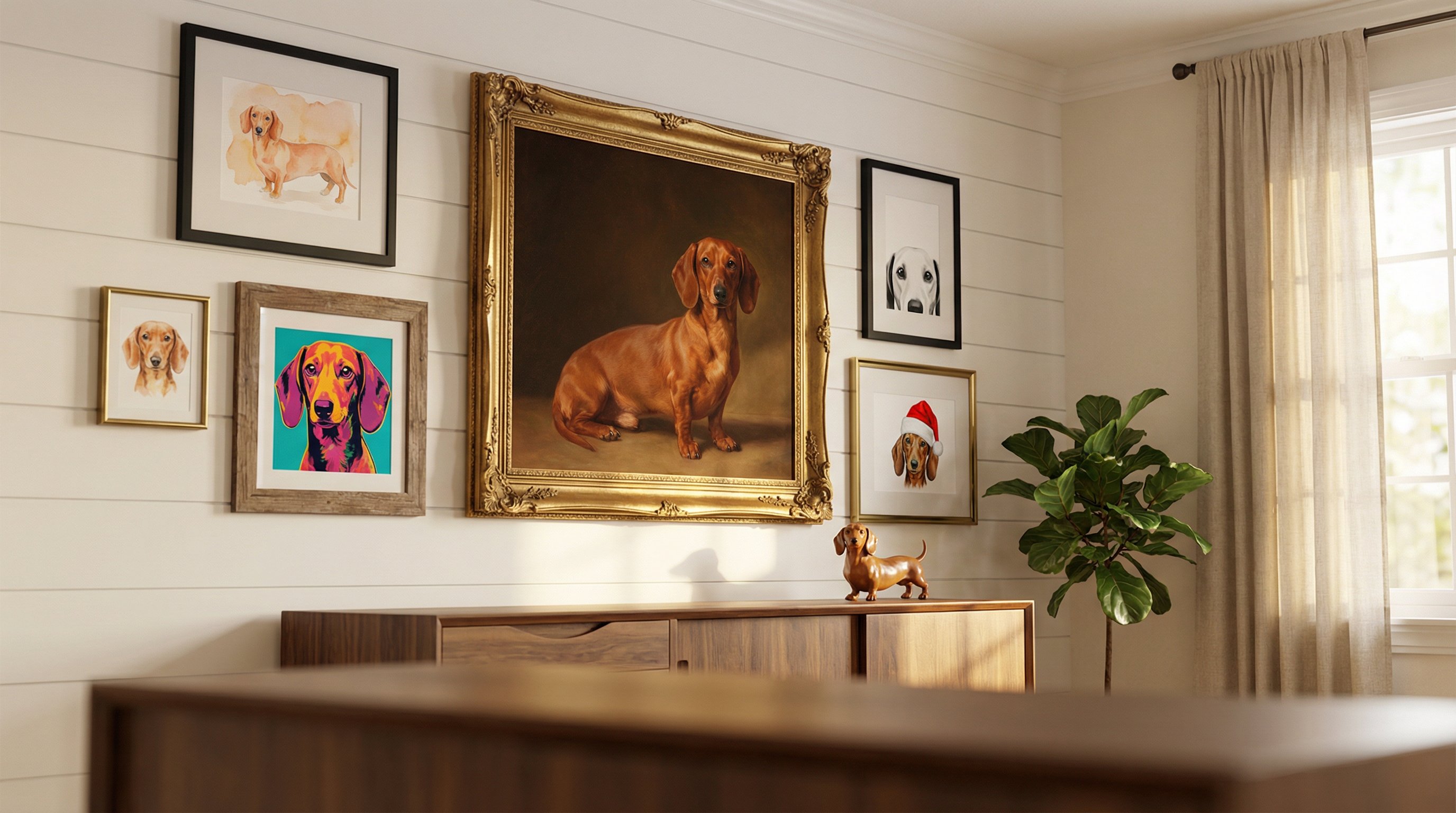 Gallery wall of framed dachshund portraits in various art styles in a cozy living room.