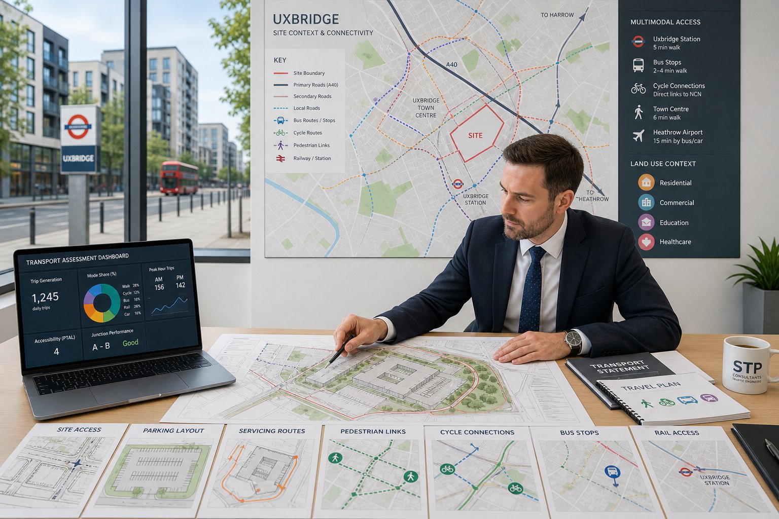 Traffic engineer reviewing site access, parking, and travel routes in a modern office.