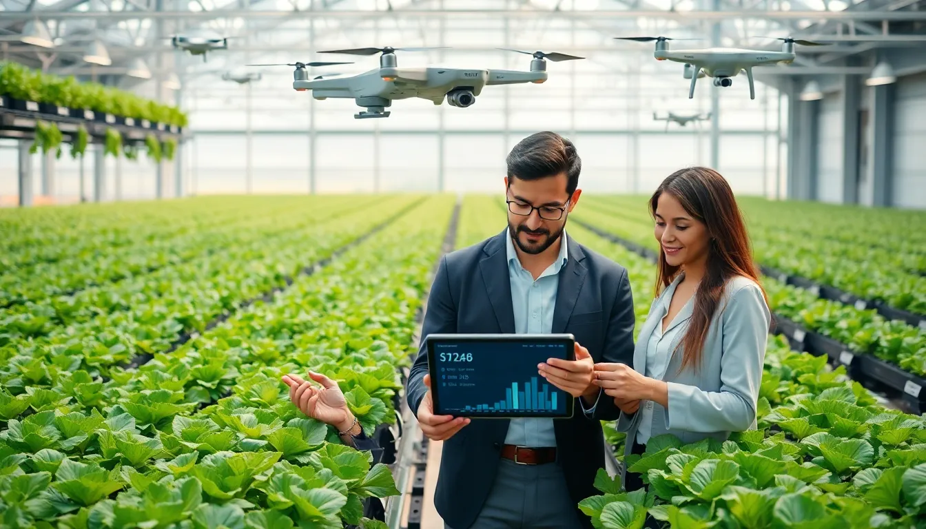 diverse professionals discussing food tech innovations in a vertical farm setting.