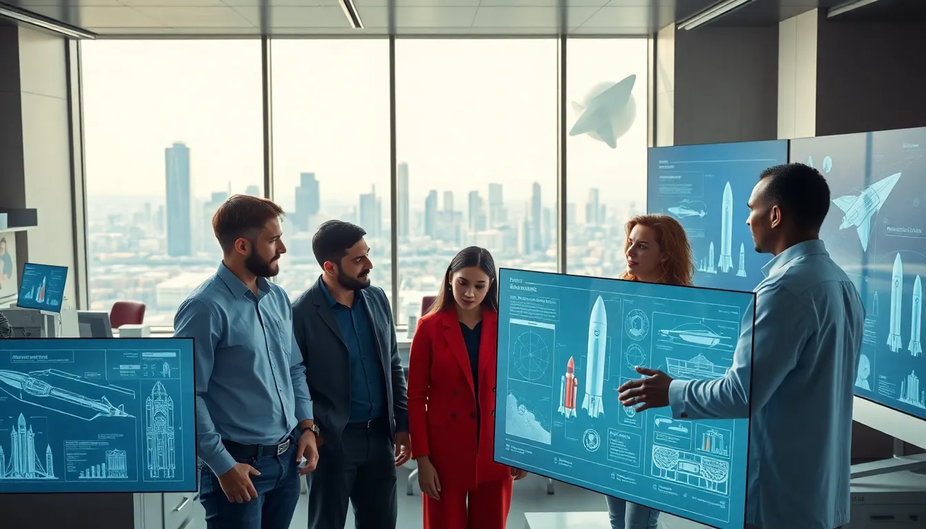 diverse team analyzing space technology in a modern research lab.