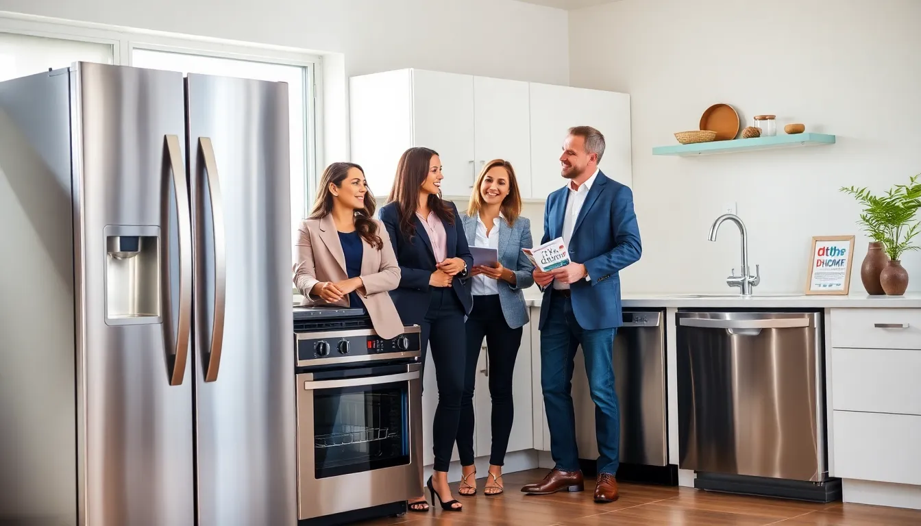 diverse group discussing discount appliances in a modern kitchen.