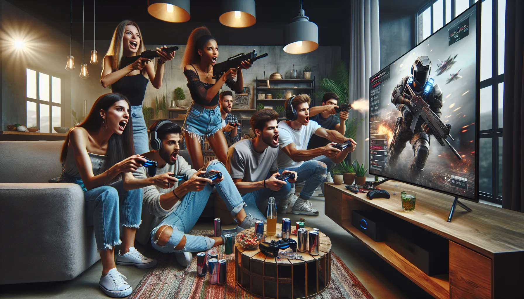 friends competing in a friendly gaming session in a modern living room.