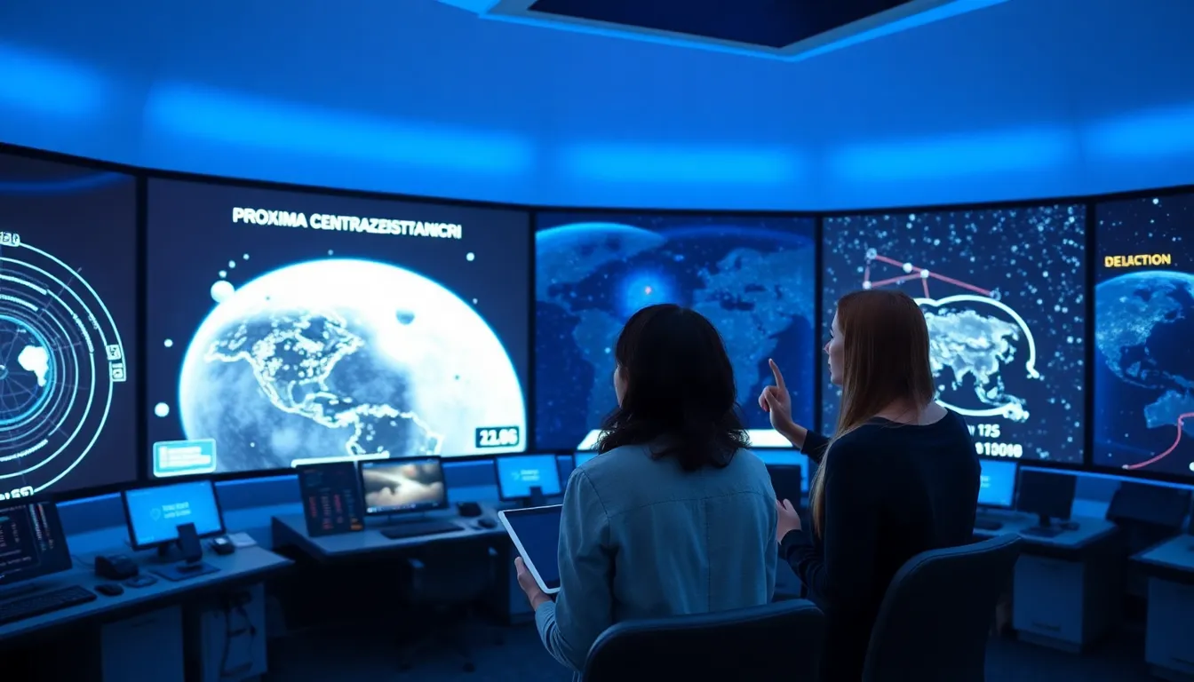 diverse team analyzing space travel data in a modern control room.