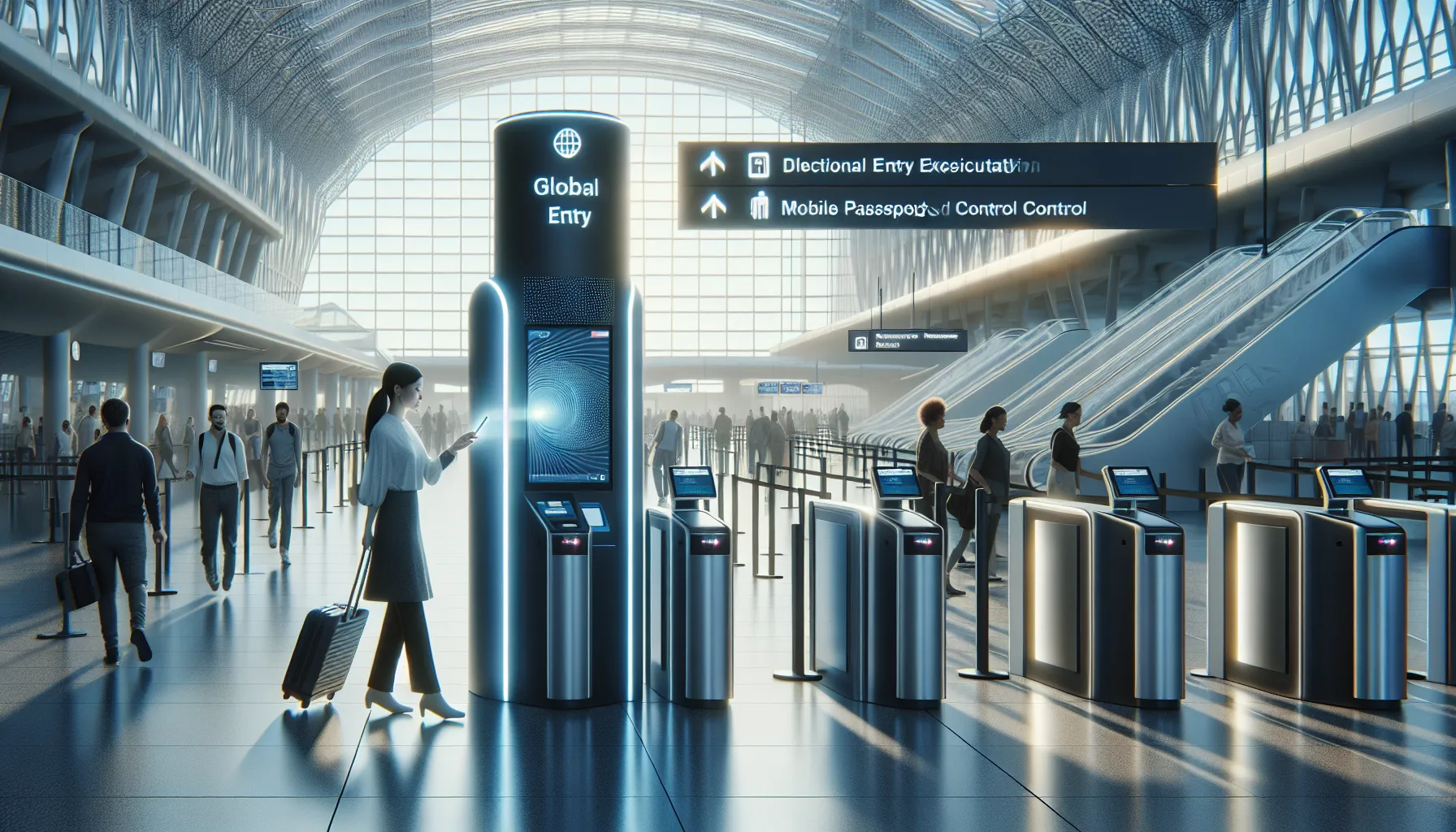 A traveler using a Global Entry kiosk in a modern airport.