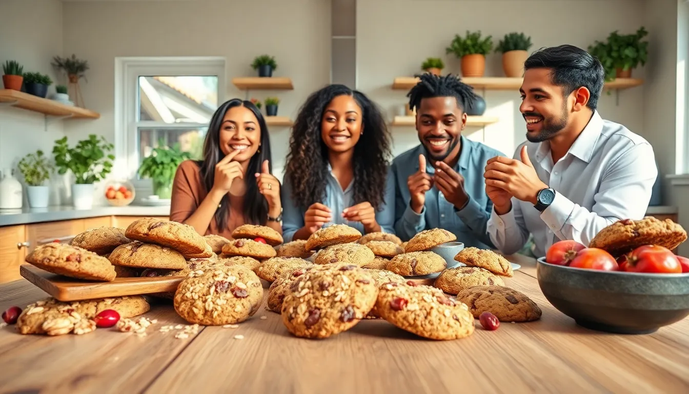 Diverse professionals enjoying healthy cookies in a bright kitchen.