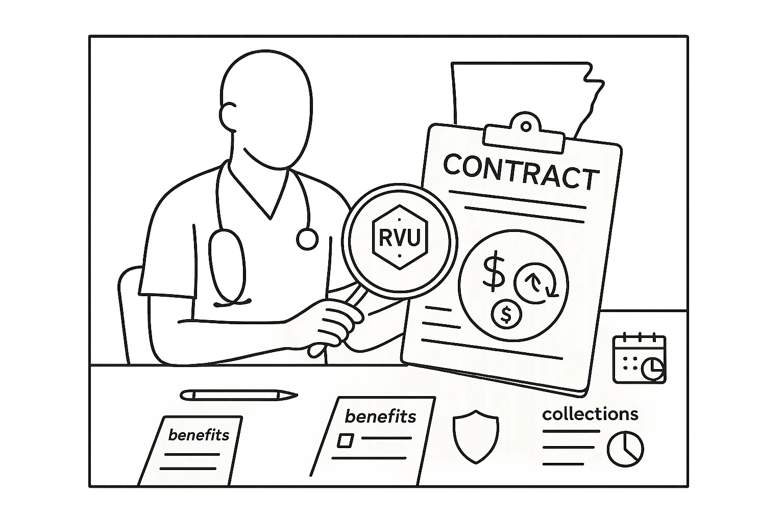 Physician assistant examining a contract with icons for pay, RVUs, and repayment.
