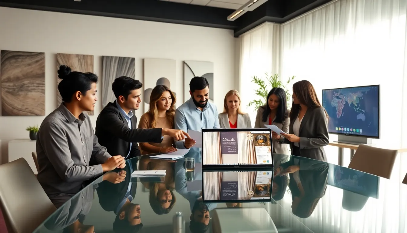 diverse team discussing curtain designs in a modern office.