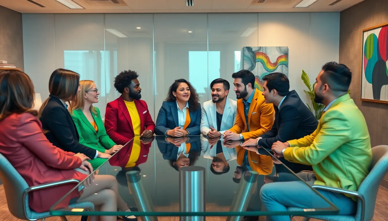 diverse individuals discussing identity in a modern workspace.