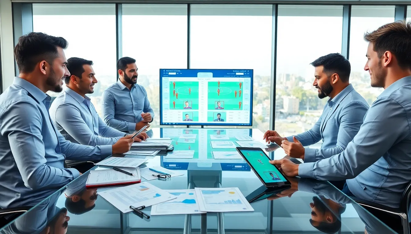 diverse team analyzing football trends in a modern office setting.