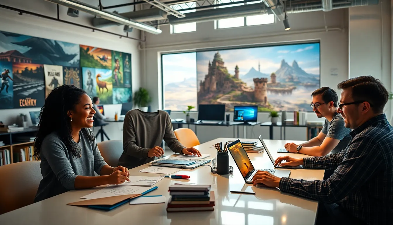 a diverse team collaborating in a vibrant game development studio.