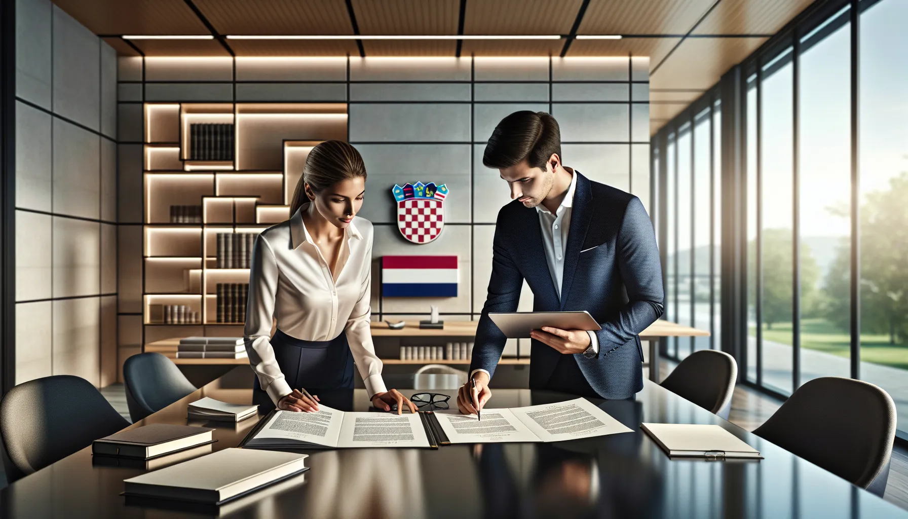 Two professionals reviewing rental contract amendment documents in modern Croatian office