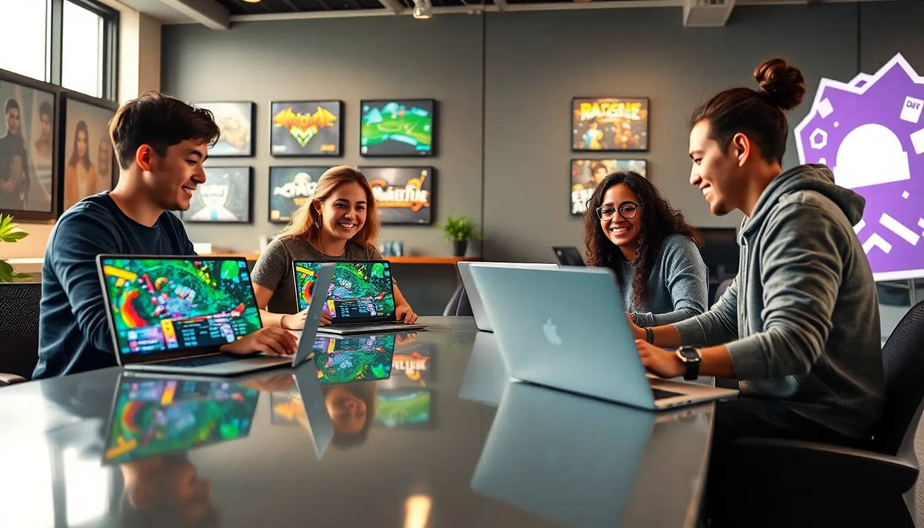 diverse team collaborating on Xbox ImagineerGames in a modern workspace.