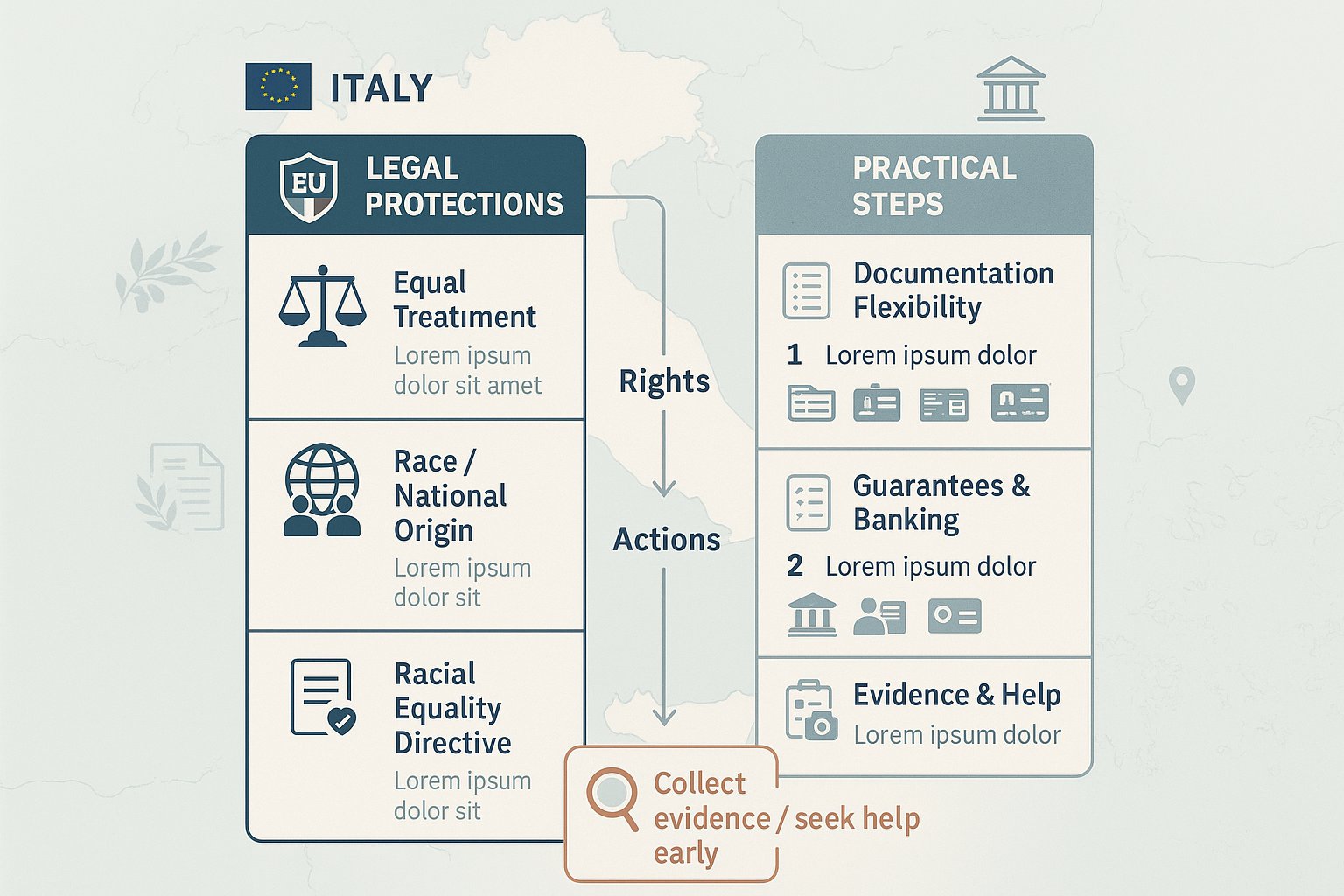 Infografica a due colonne che mostra i diritti abitativi e i passi pratici per i cittadini stranieri in Italia.