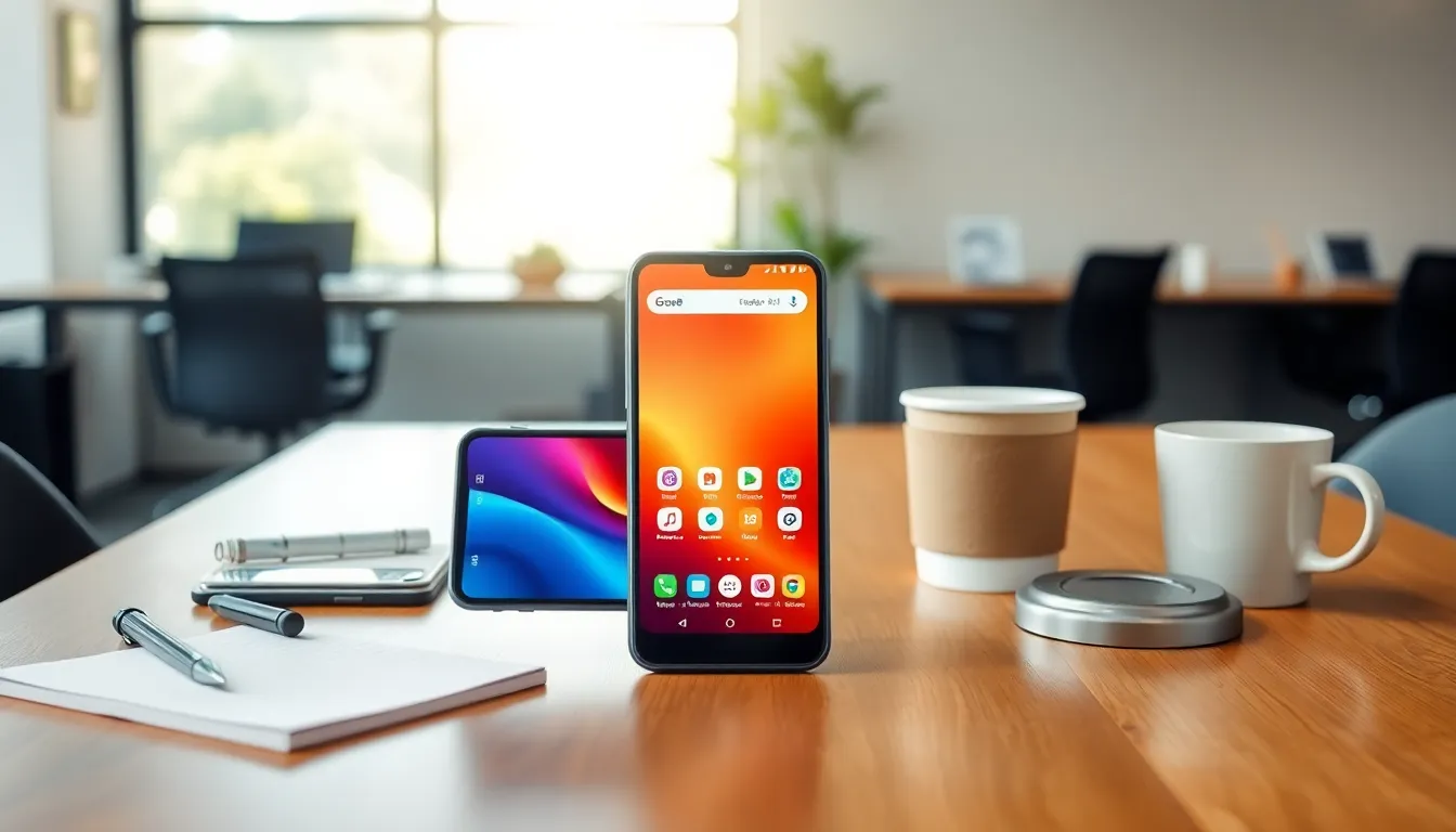 sleek budget smartphone on a polished table in a bright office.