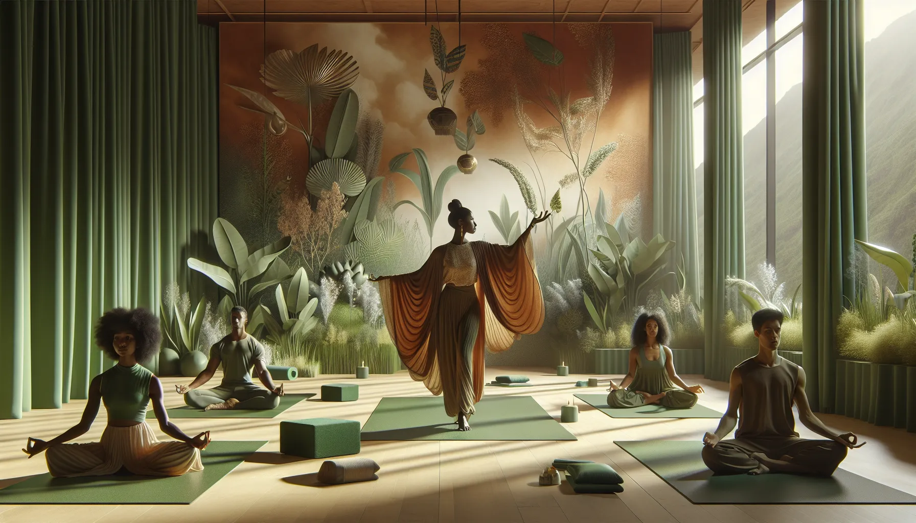 yoga instructor and diverse group practicing Emerald Aura Yogi in a serene studio.