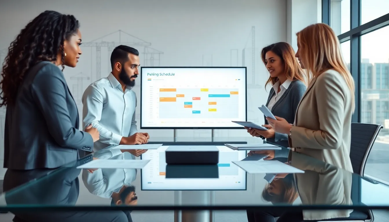 team discussing a building construction schedule in a modern office.