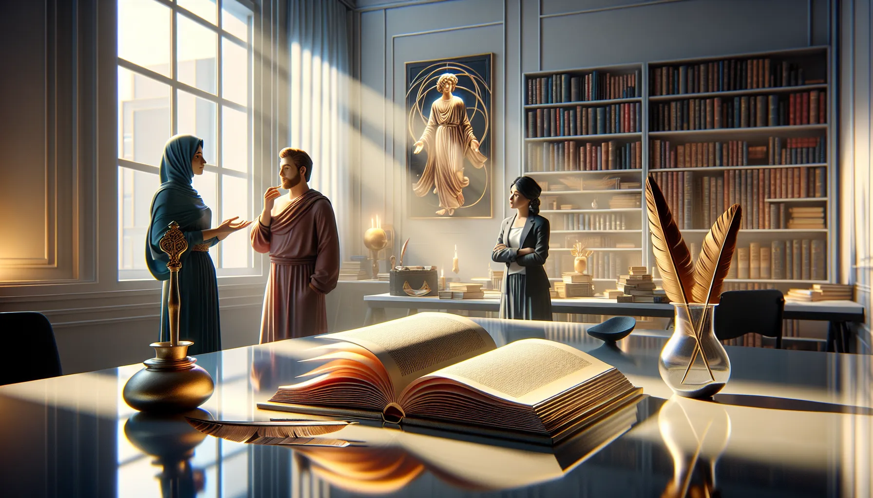 diverse group discussing literature in a modern, well-lit setting.