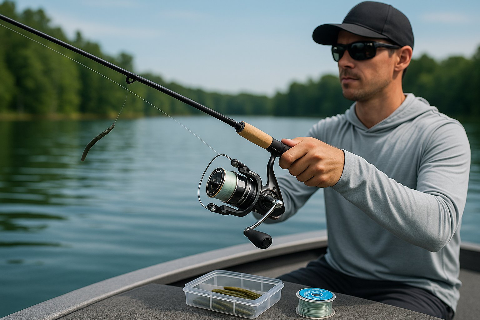 Angler using a spinning reel with a light lure on calm water.