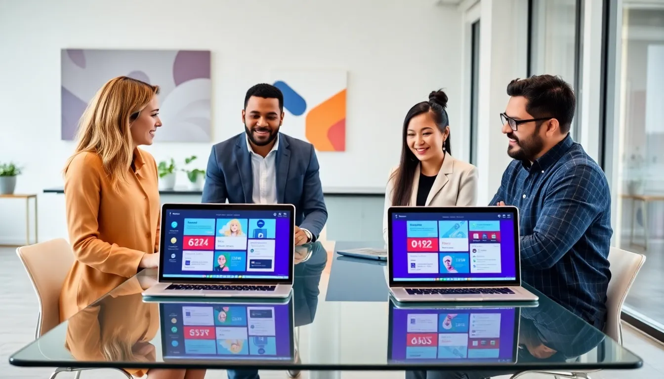 diverse team collaborating on no-code app development in a modern office.