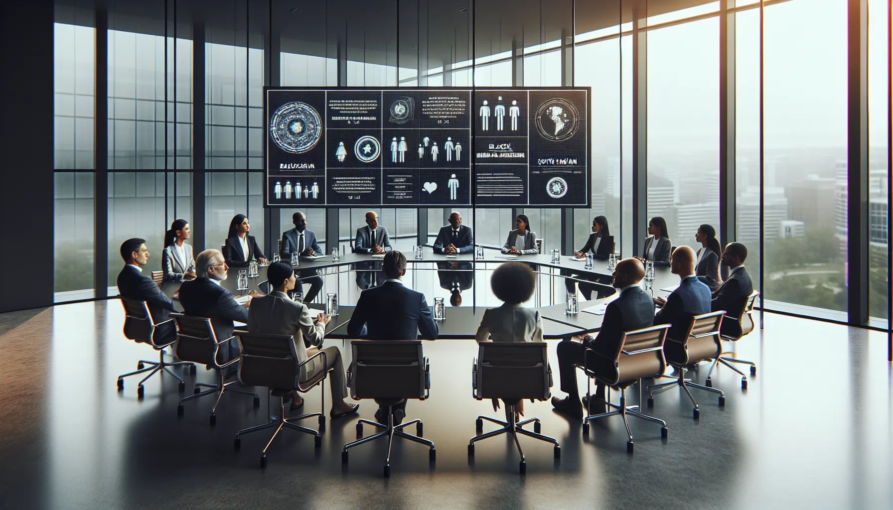 diverse professionals discussing Firqodollah in a modern conference room.