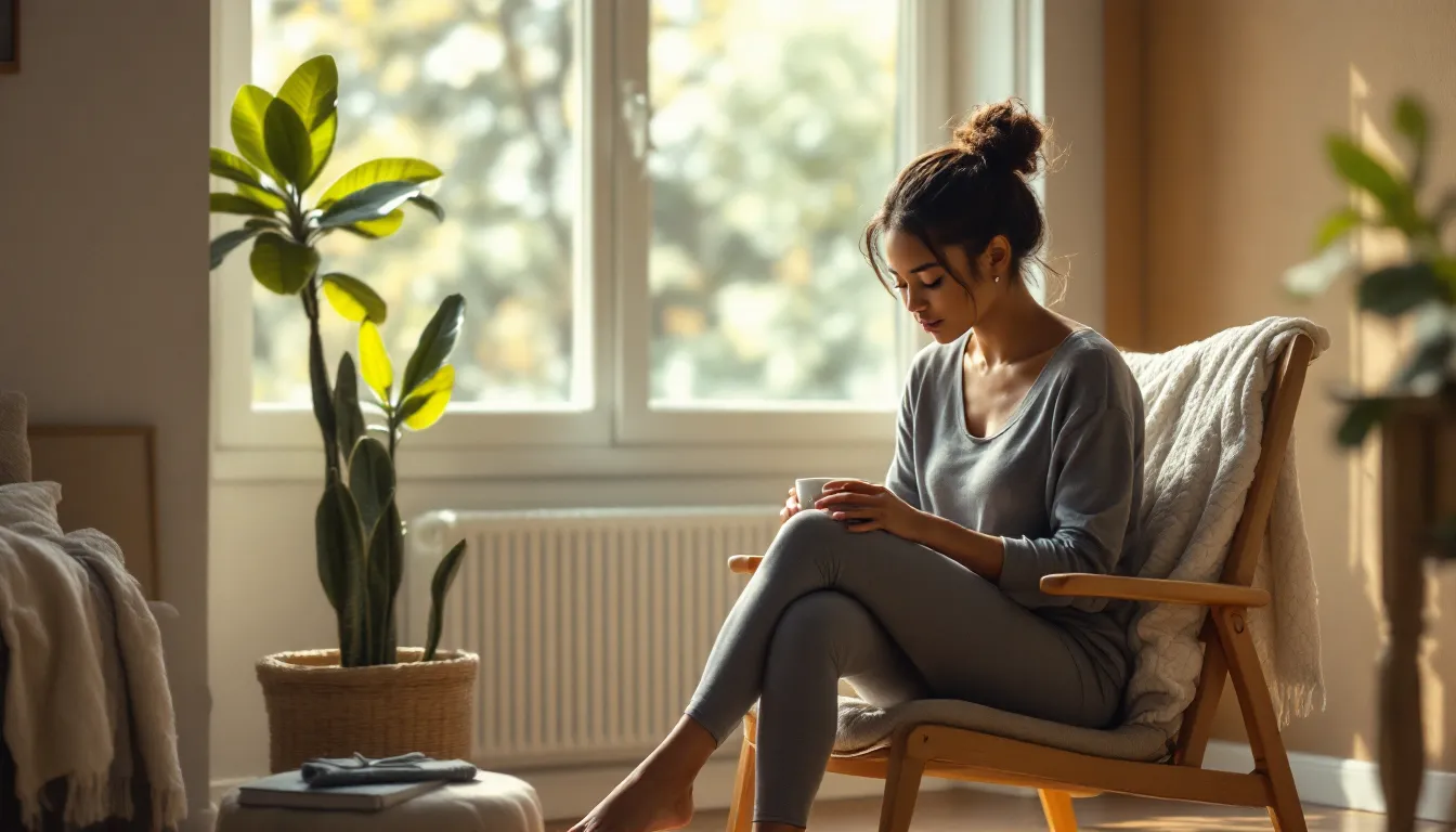 Woman sitting upright on a chair in morning light preparing for breathing practice.