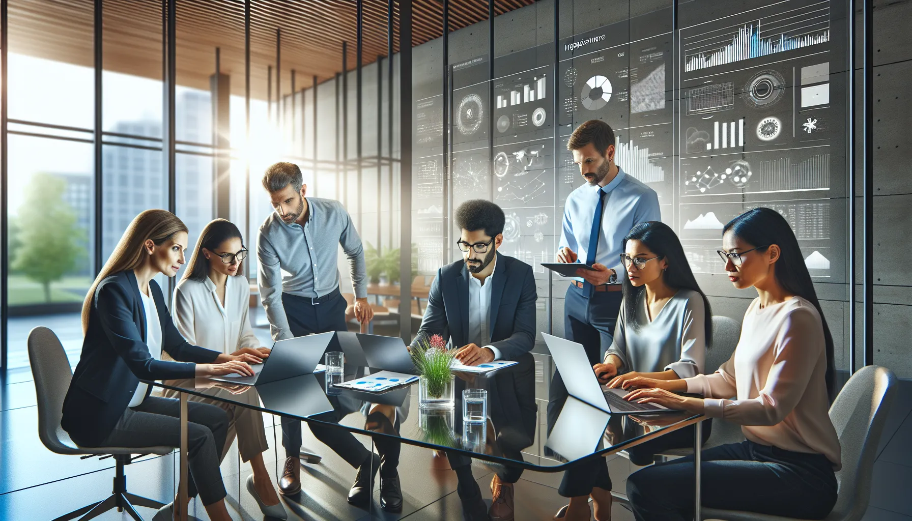 diverse team analyzing data in a modern office setting.