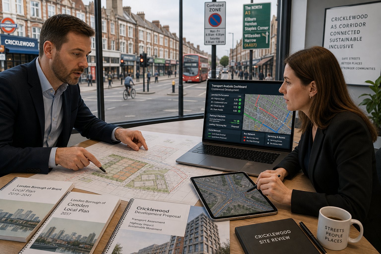 Traffic engineer reviewing Cricklewood road plans in a modern office.