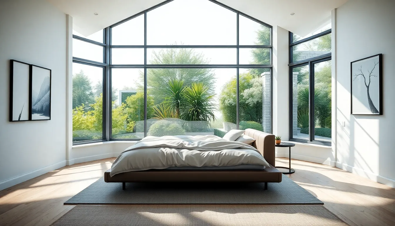 bright bedroom with large windows and a view of greenery outside.