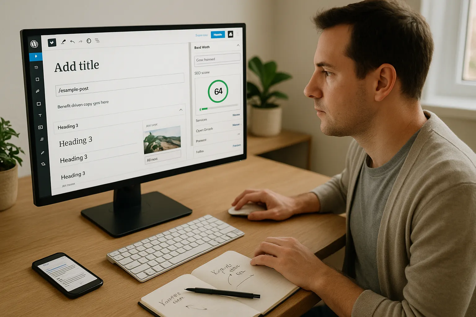 Marketer optimizes a blog post using RankMath SEO checker on a desktop screen.