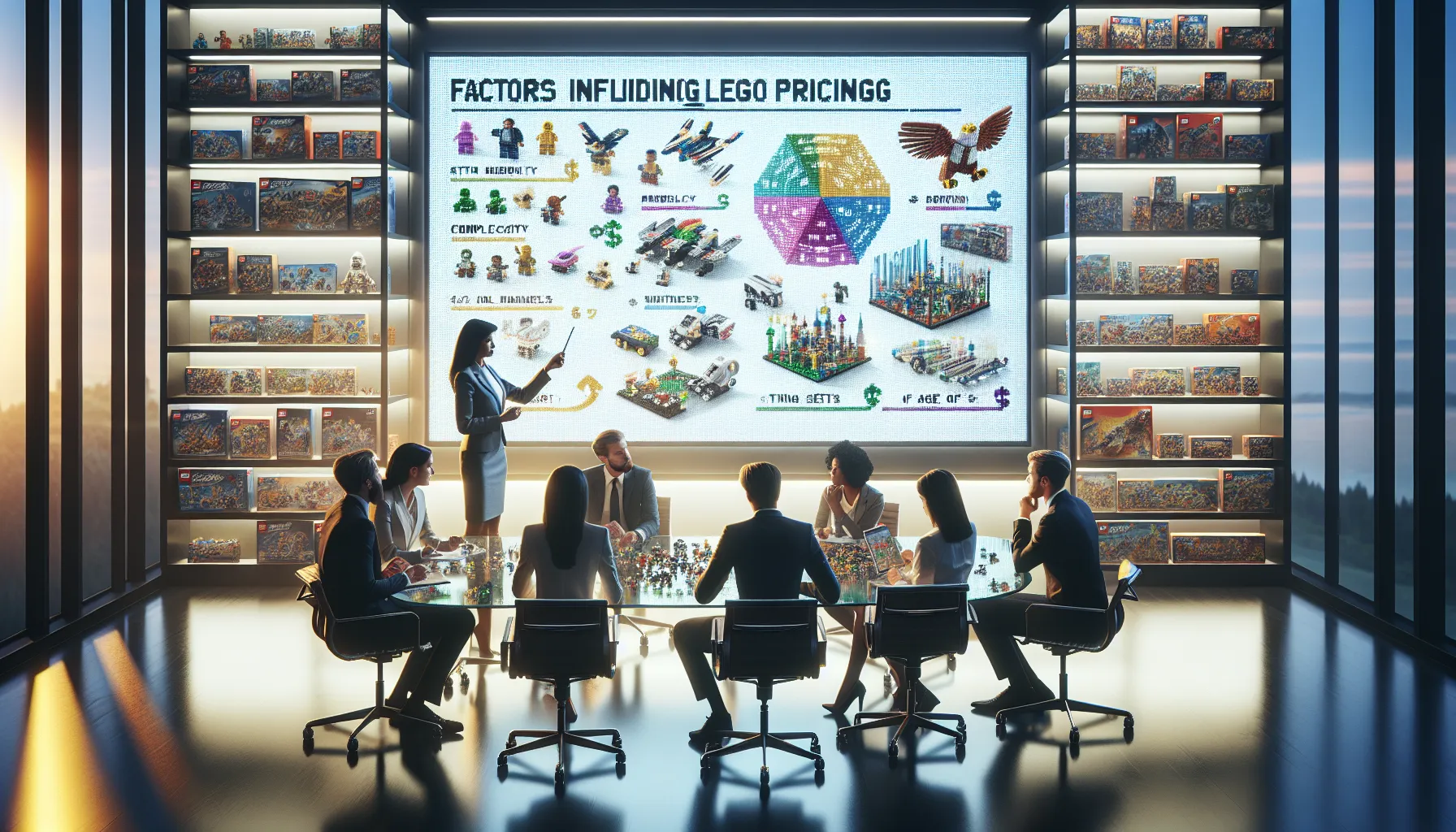 diverse team discussing Lego pricing in a modern office.