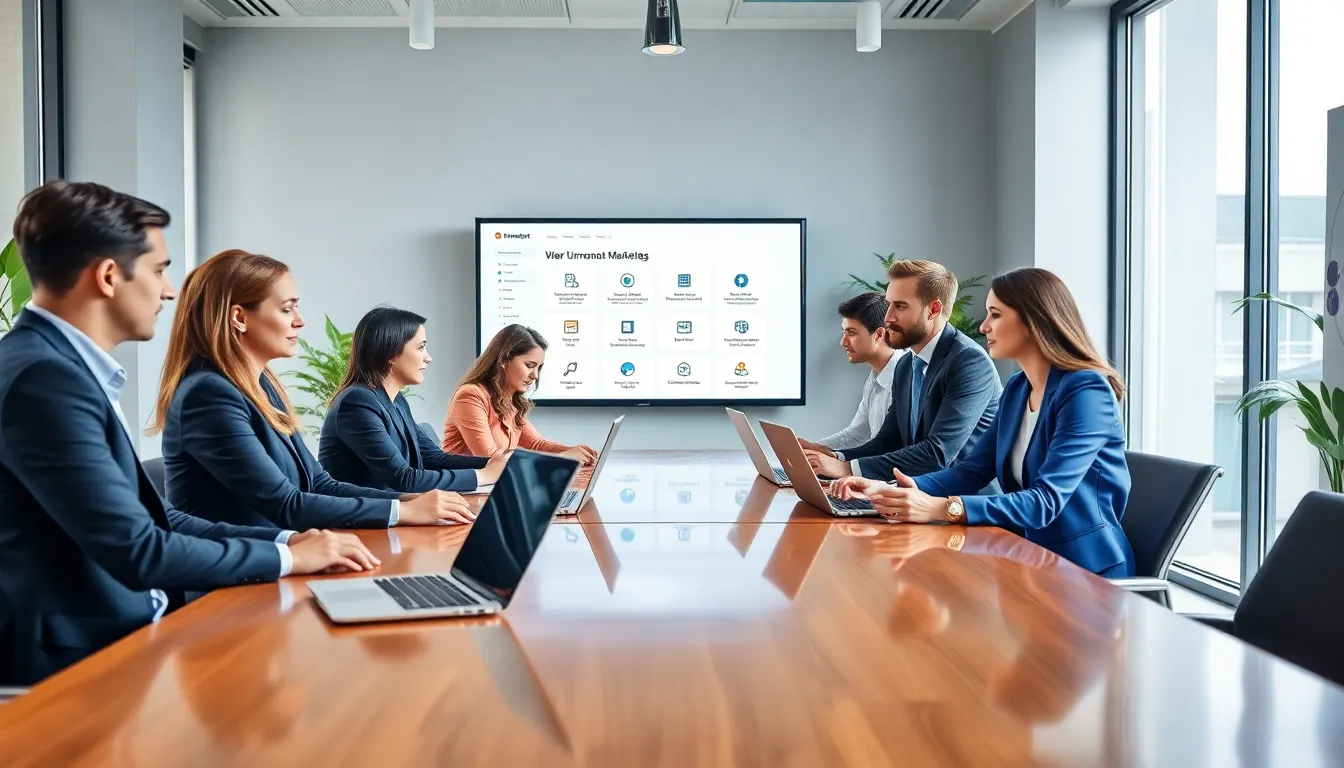 diverse team collaborating on online business strategies in a modern office.