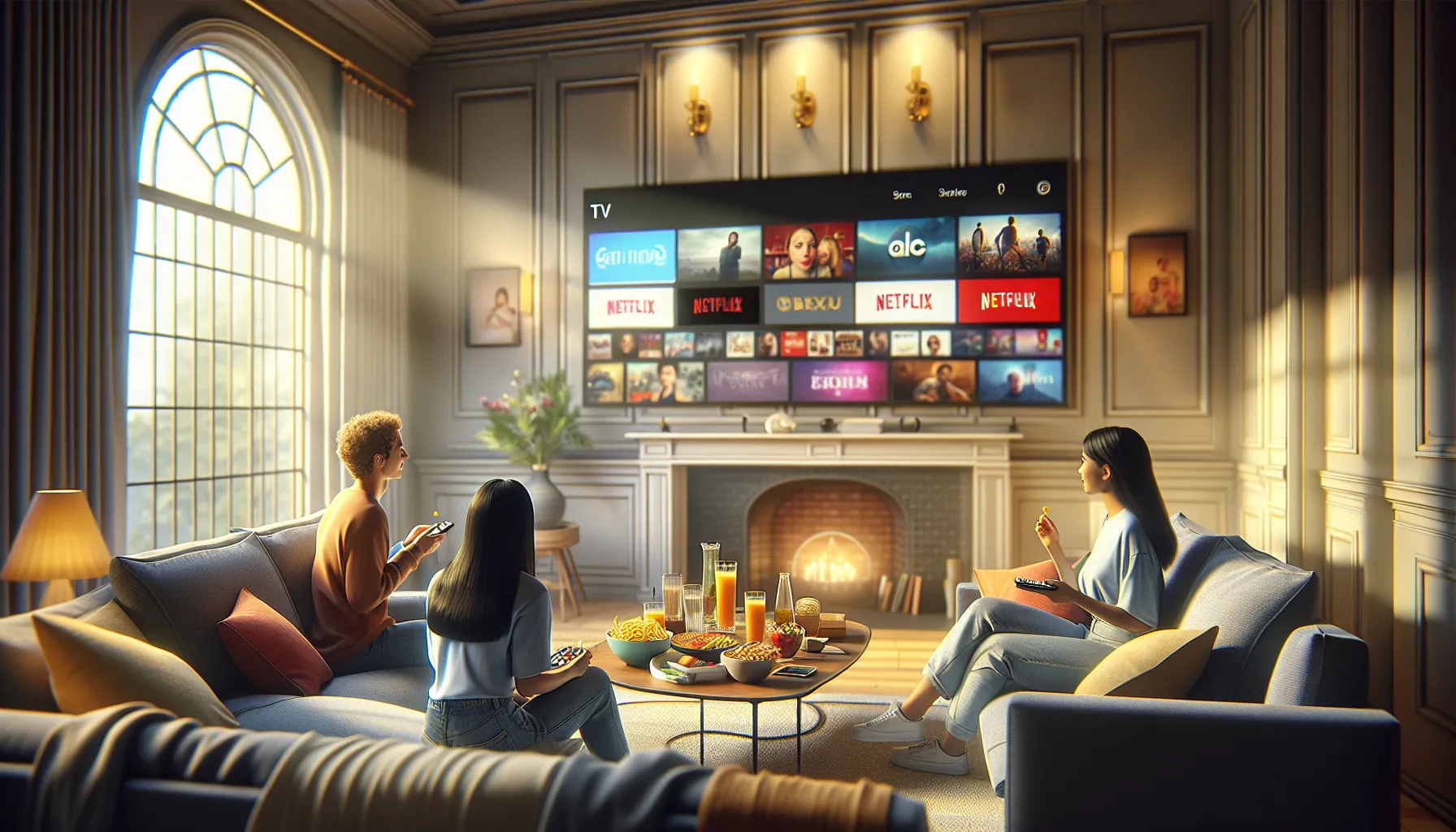 diverse friends in a cozy living room choosing movies on a TV.