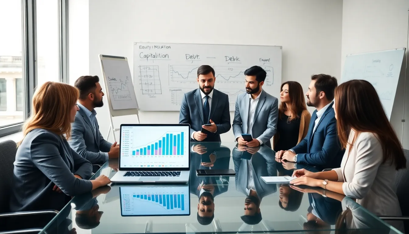 finance professionals discussing capitalization in a modern office.