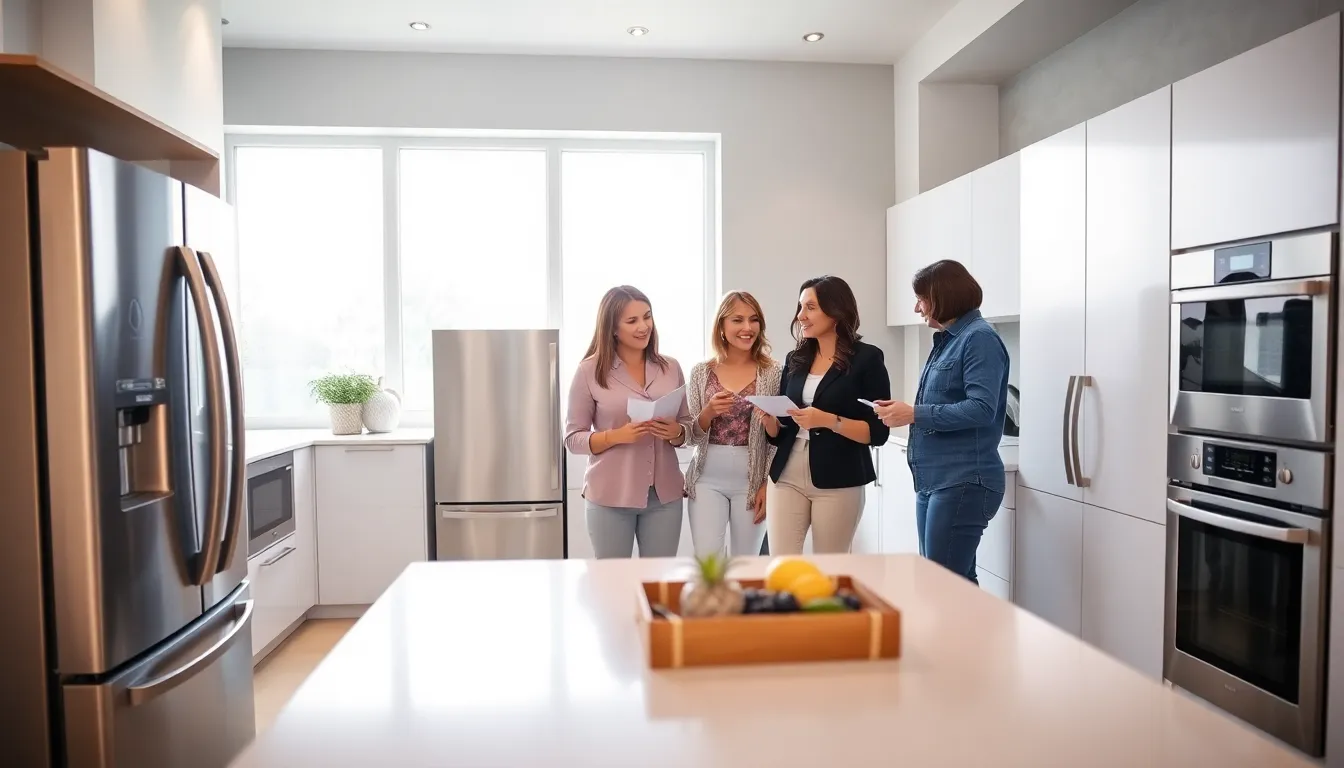 professionals discussing discount home appliances in a modern kitchen.