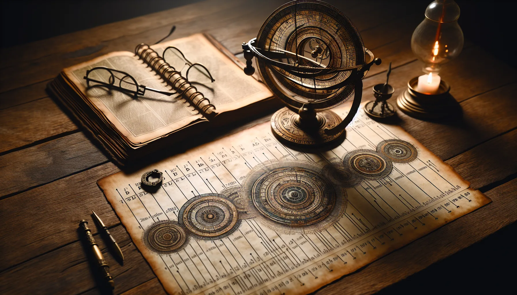 A timeline showing the transition from 1 BC to 1 AD with historical artifacts.