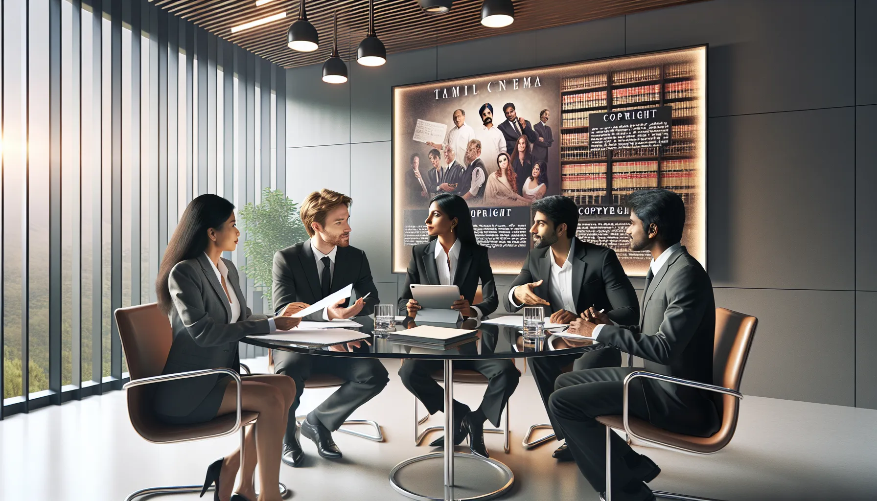 diverse team discussing copyright issues in a modern legal office.