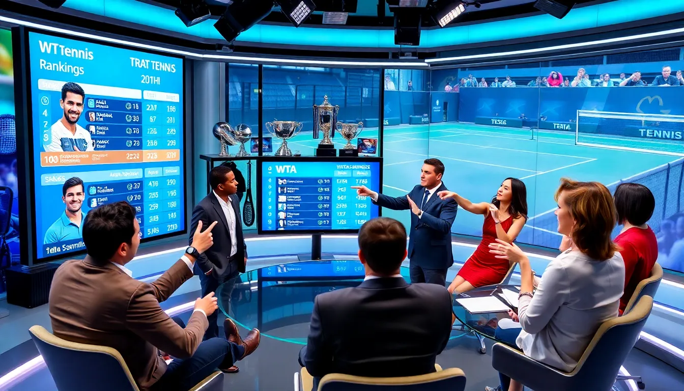 sports analysts discussing current tennis rankings in a modern studio.