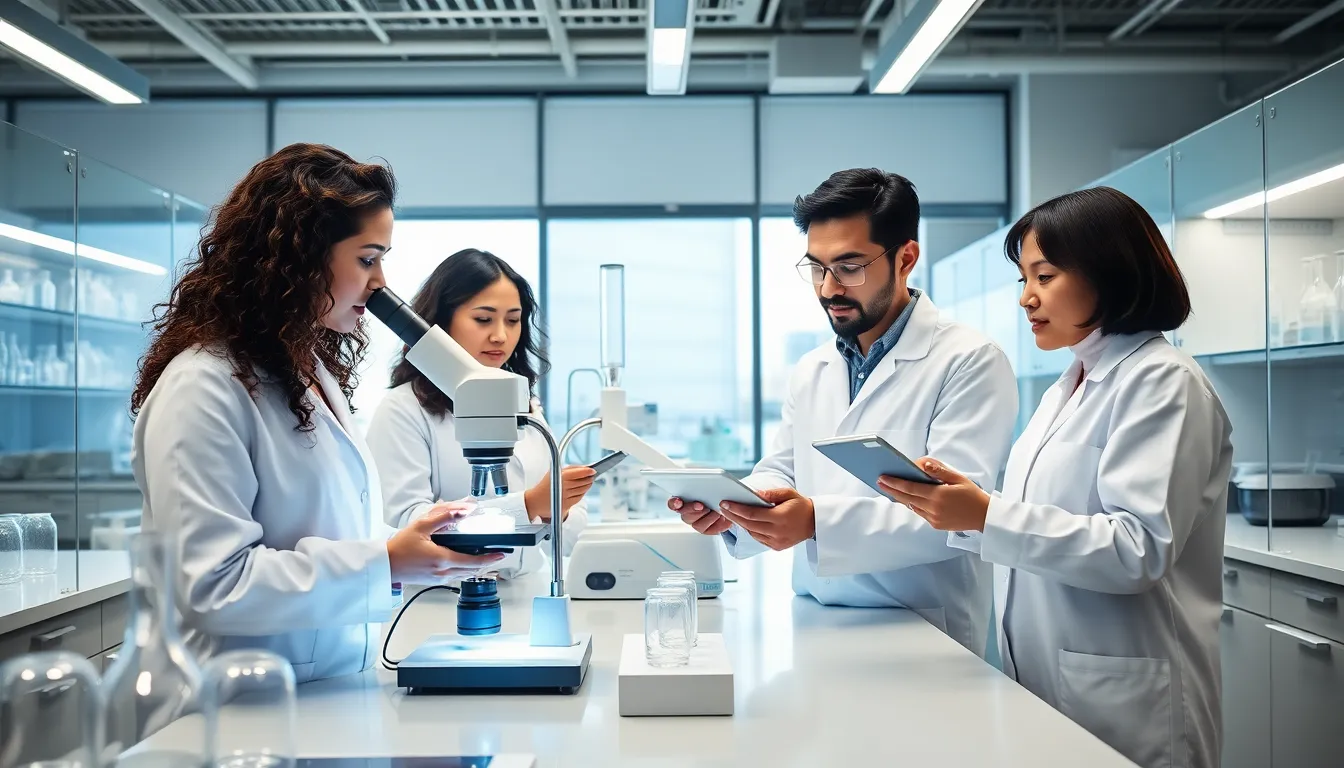 diverse scientists collaborating in a modern biotech lab.