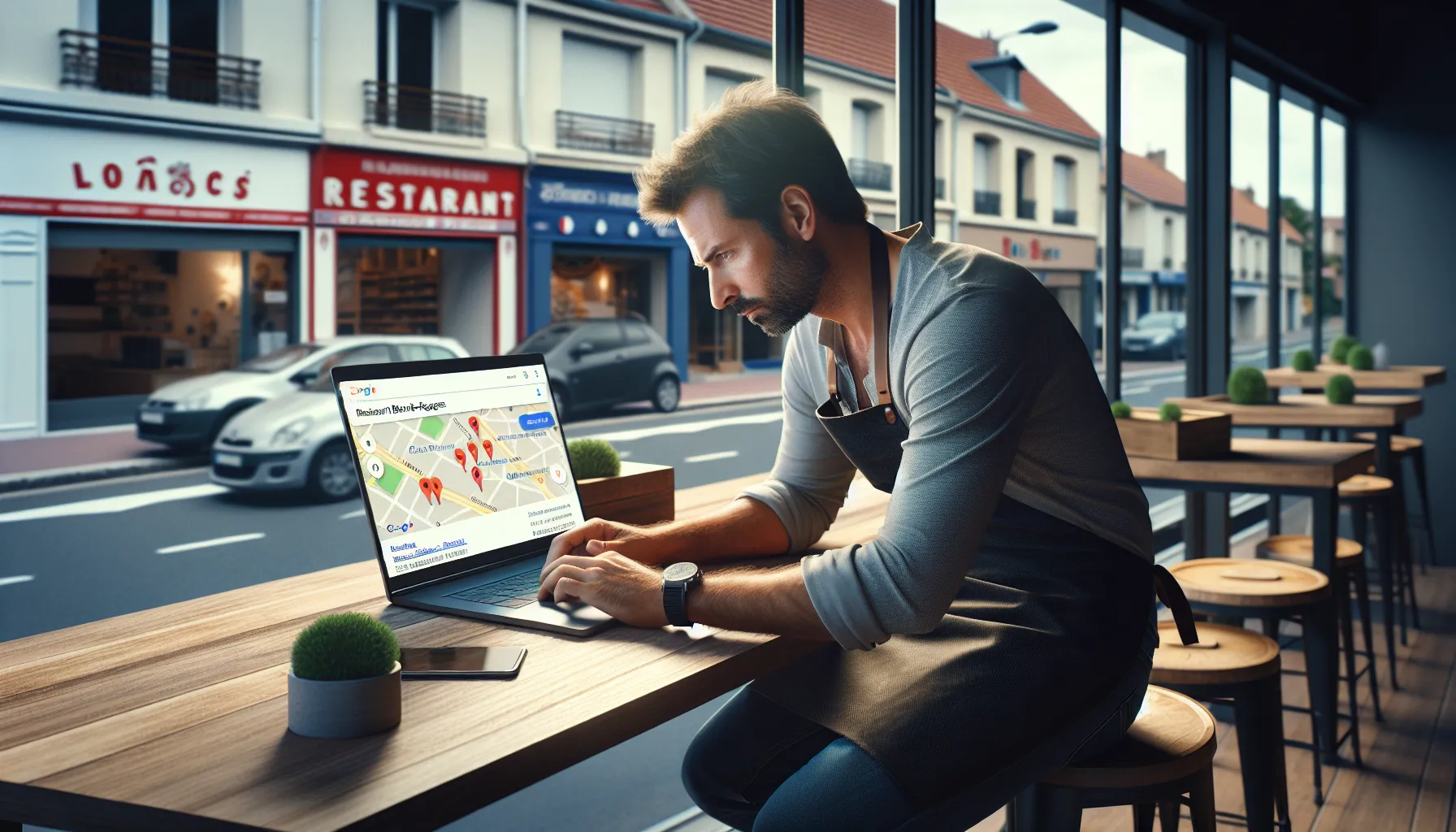 Local business owner in Bussy-Saint-Georges worriedly checking weak Google search visibility.