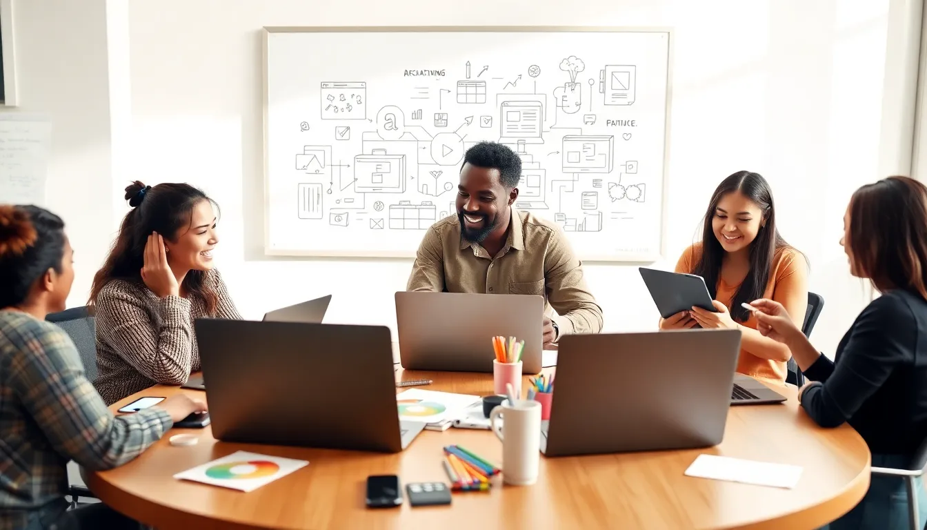 diverse group collaborating in a creative workspace.