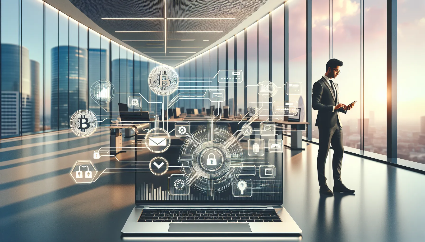 UK trader reviewing cryptocurrency and banking payment options on laptop in modern office.