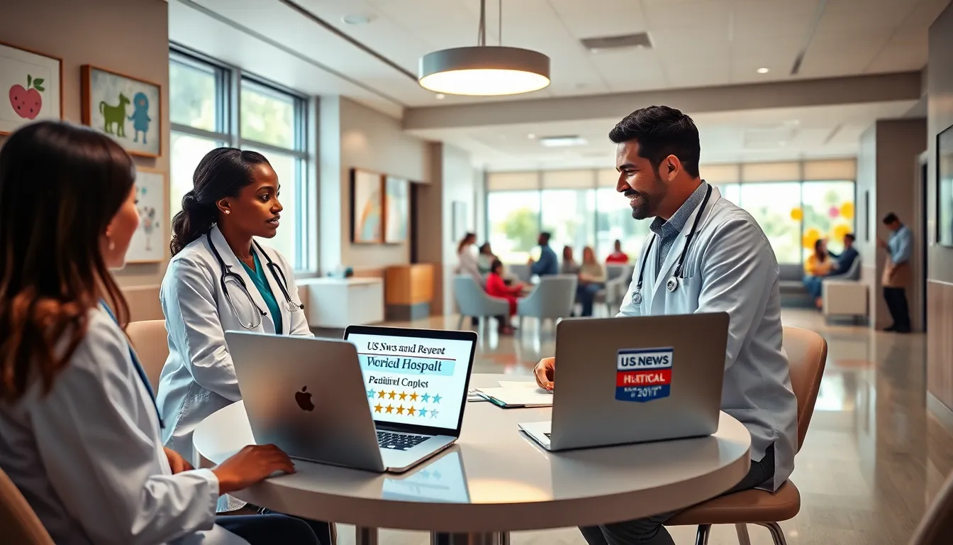 diverse pediatricians discussing care plans in a modern hospital room.