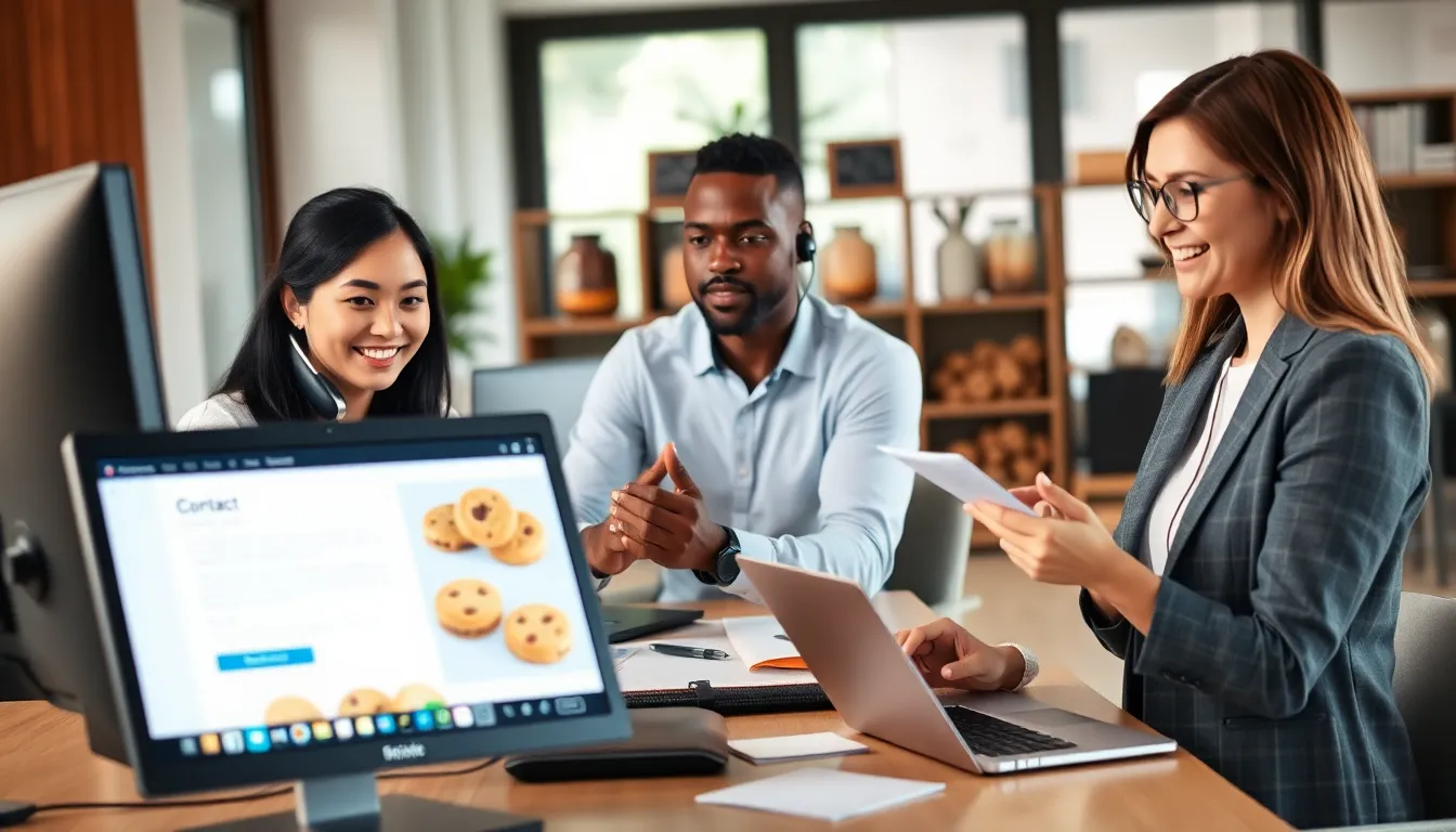 diverse team assisting customers in a modern office setting.