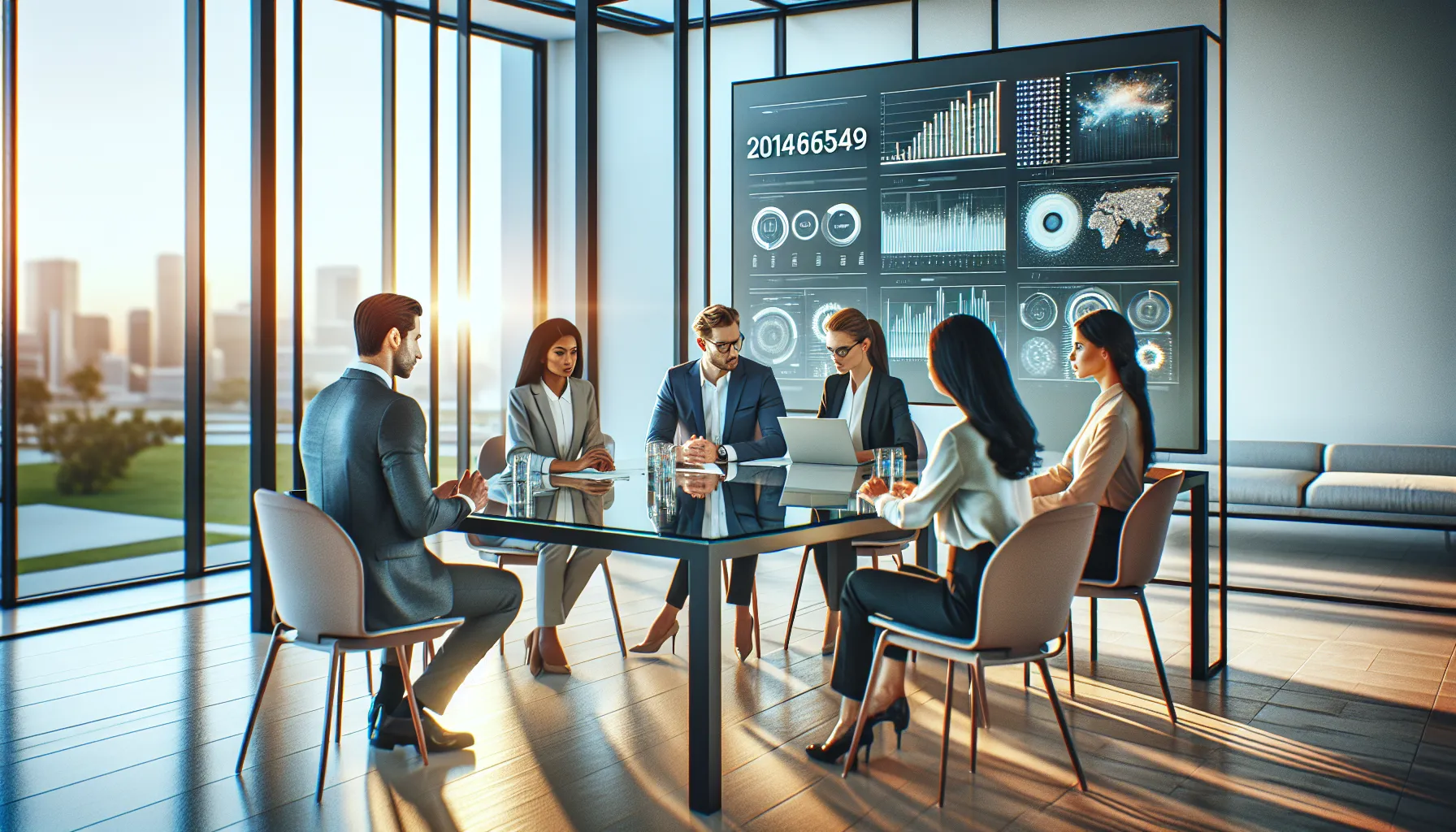 diverse team discussing data in a modern office setting.