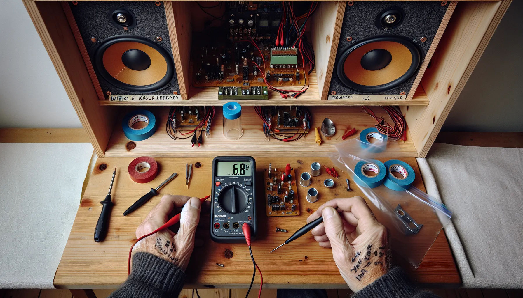 Hvordan restaurere gamle høyttalere 3 Hands measure a vintage speaker driver, labeled cables and bagged screws nearby.