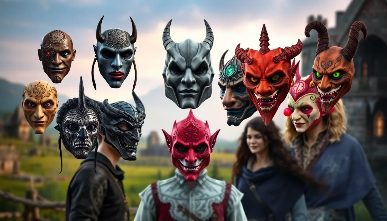variety of fantasy face masks in a Skyrim-inspired setting.