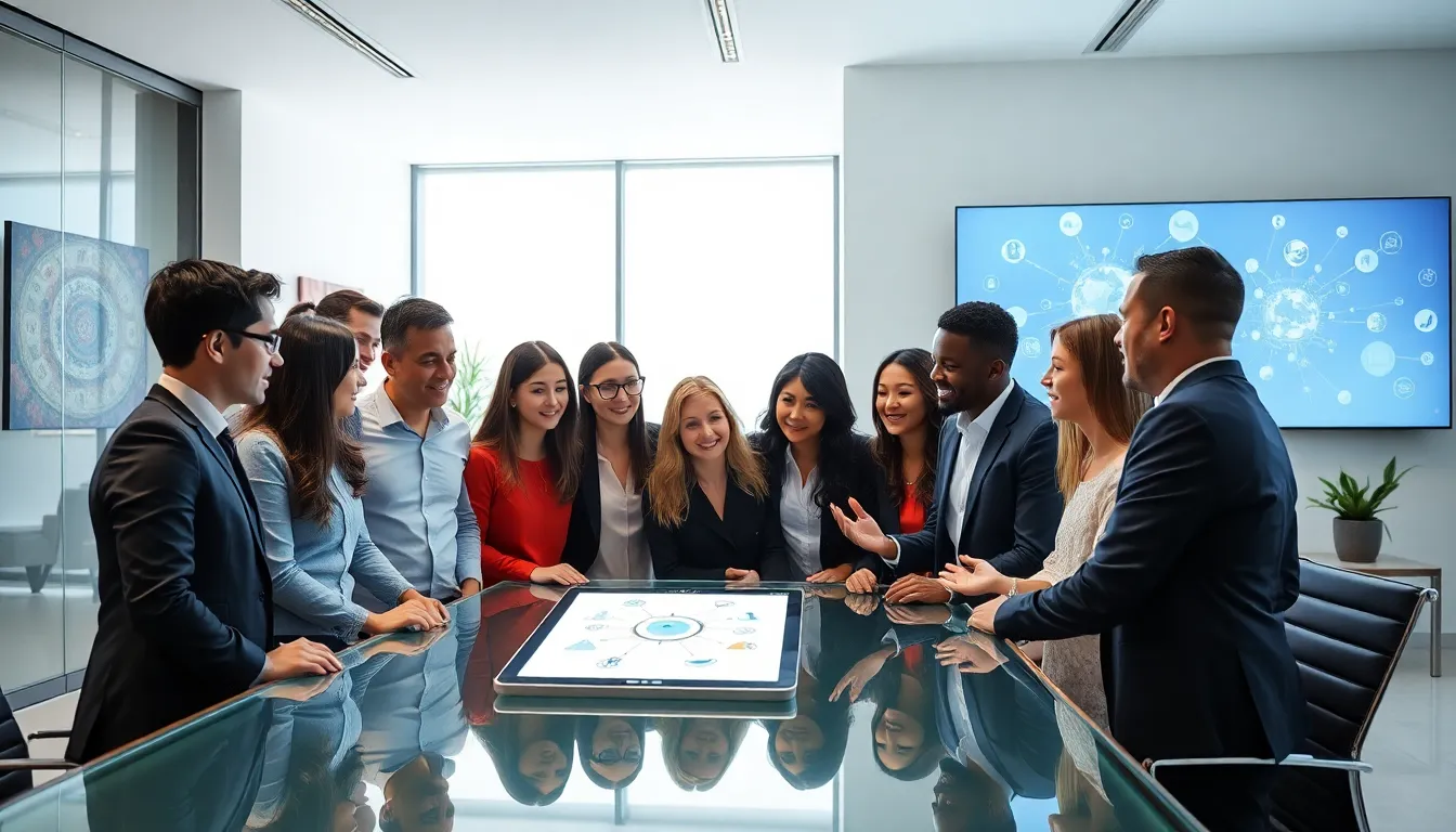diverse team discussing a concept in a modern office setting.